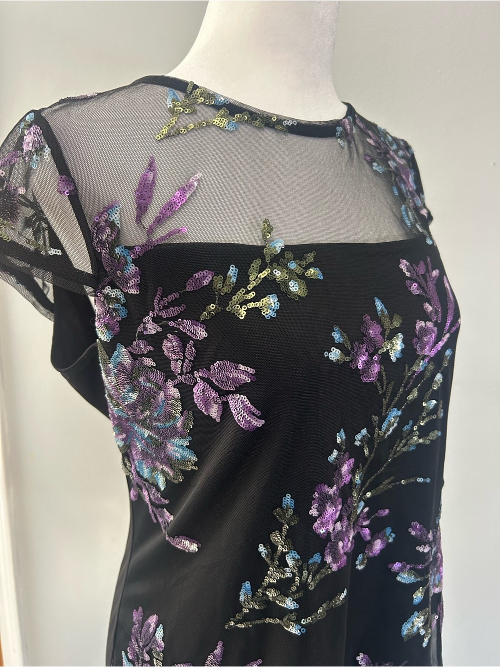 Sheer Embroidered Floral Sequin Top - Black with Purple & Blue - Picture 2 of 7